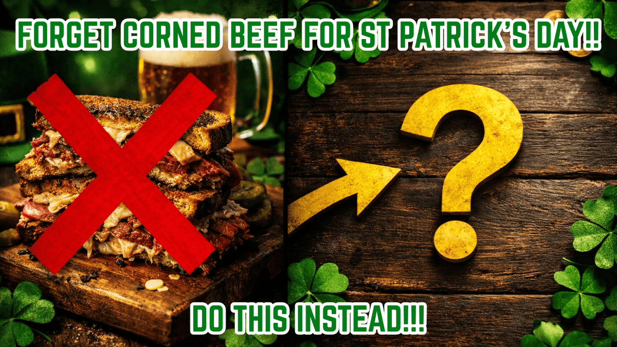 Corned beef crossed out next to a sliced Guinness braised chuck roast Reuben sandwich made with Lucky Cajun Black Label seasoning on buttery rye bread