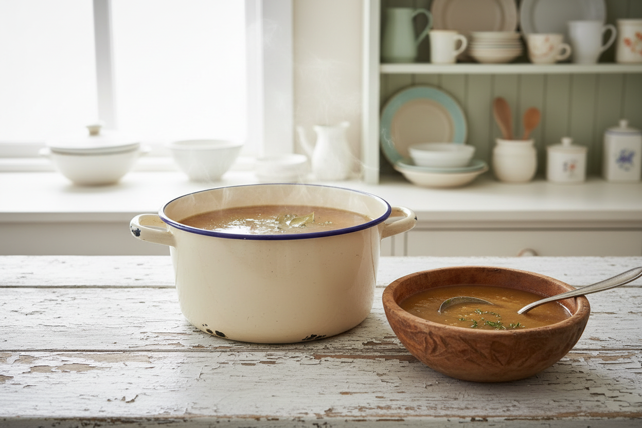 Homemade turkey stock simmering in a stock pot beside a bowl of rich golden gravy seasoned with Lucky Cajun Black Label in a light airy kitchen