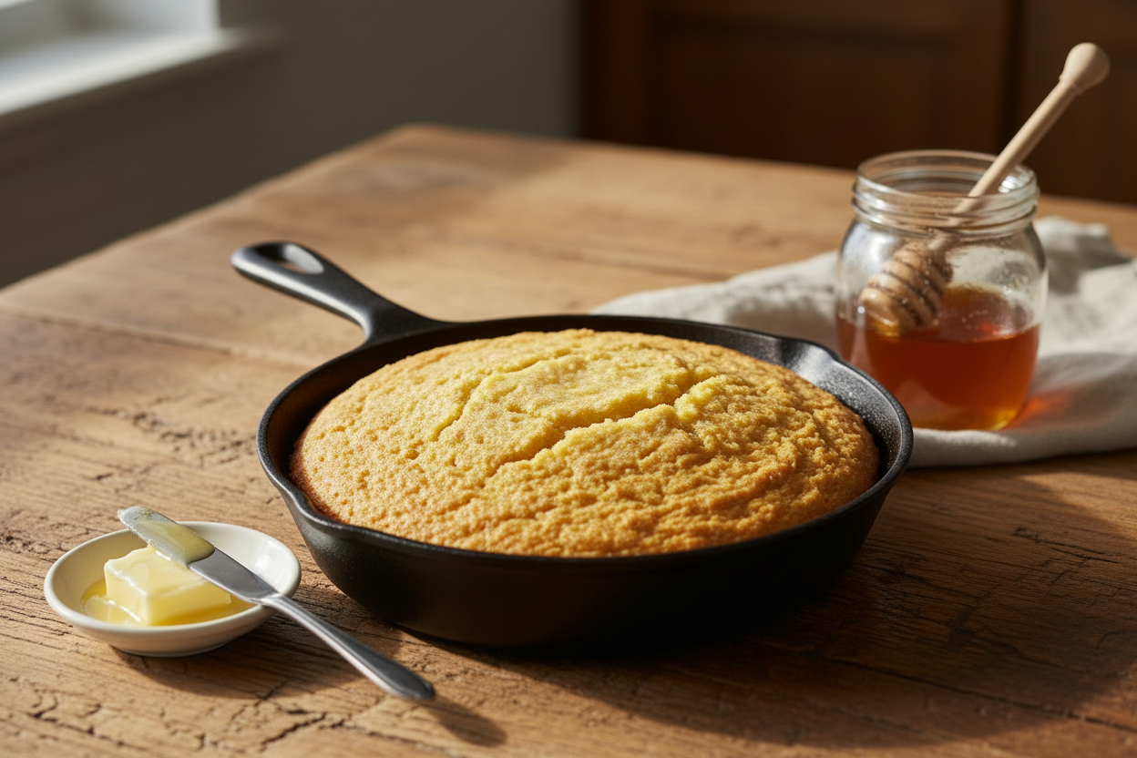 Cast iron skillet of Southern cornbread made with stone-ground cornmeal and bacon drippings served with butter and honey on a wooden table