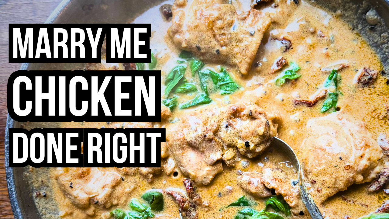Marry Me Chicken with Lucky Cajun Black Label fresh ground Cajun seasoning seared golden in a skillet with creamy sun-dried tomato parmesan sauce