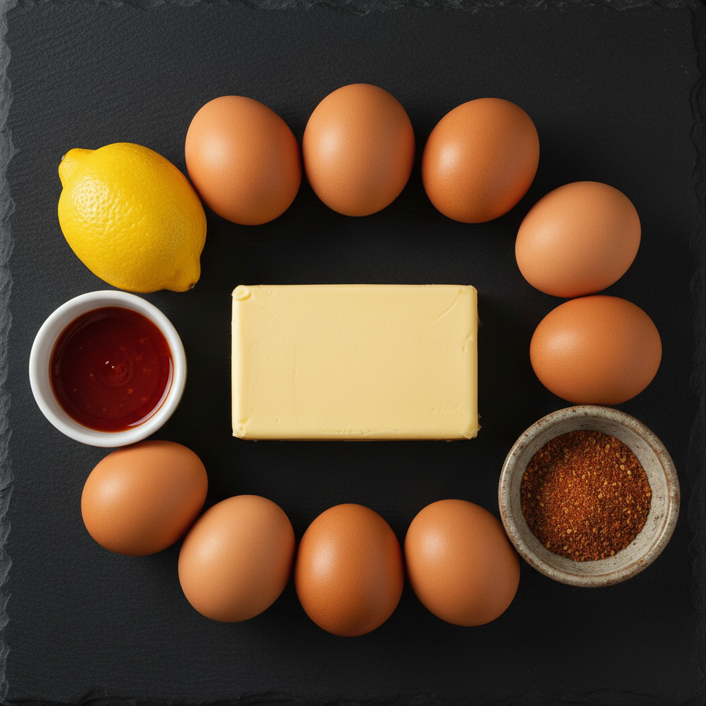 Block of butter whole eggs lemon hot sauce and Lucky Cajun Black Label seasoning on a dark cutting board showing the core ingredients for classic hollandaise sauce