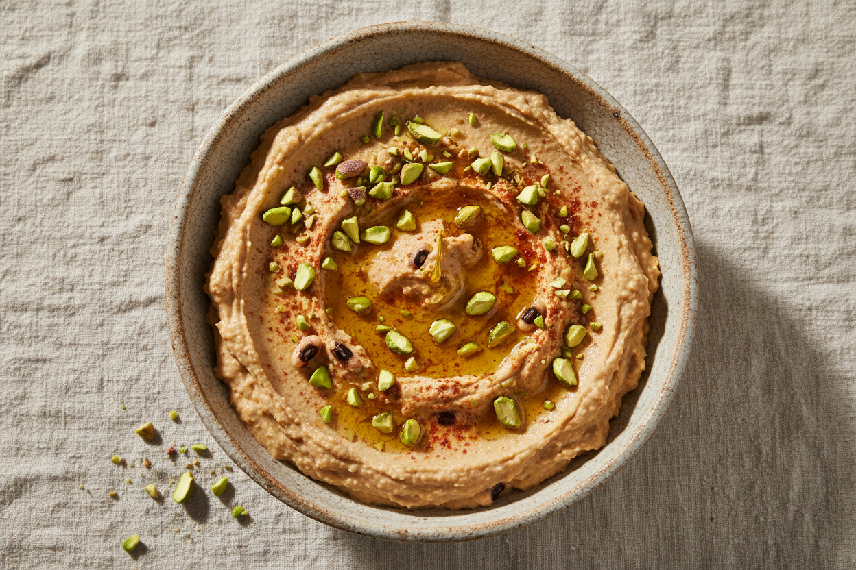 Southern black-eyed pea hummus in a bowl drizzled with olive oil topped with roasted pistachios and a sprinkle of Lucky Cajun Salt-Free Original fresh ground seasoning