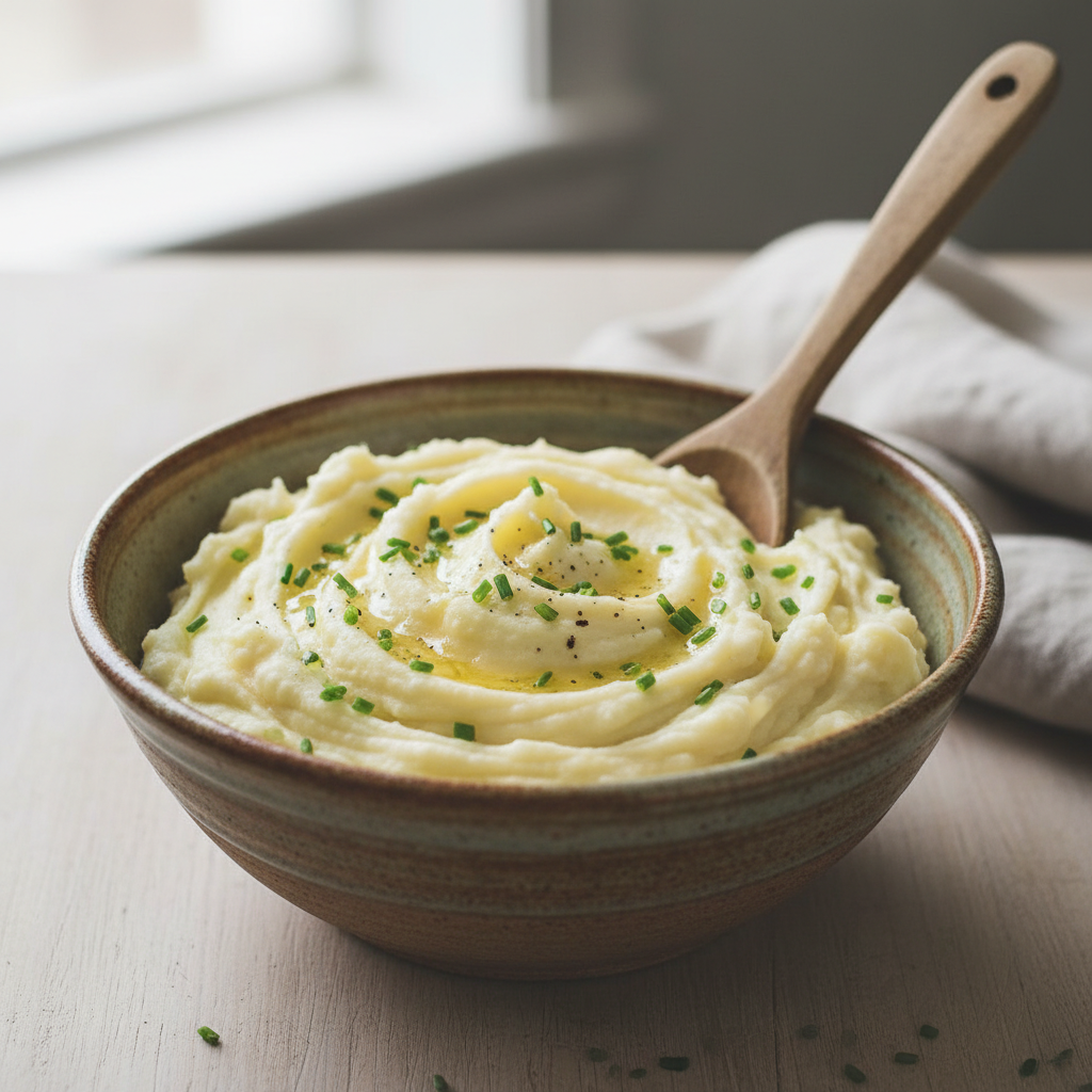 Creamy fluffy homemade mashed potatoes made with Lucky Cajun Black Label fresh ground Cajun seasoning showing the light texture achieved with a potato ricer and warm butter