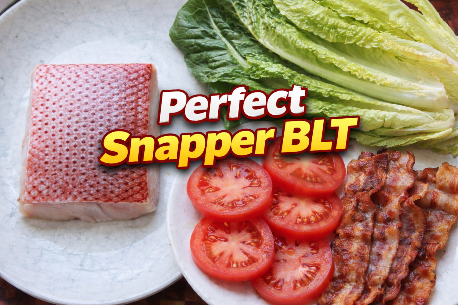 Raw ingredients for a blackened snapper sandwich laid out flat including a fresh snapper fillet, bacon strips, sliced tomato, romaine lettuce and an artisan bun ready to cook with Lucky Cajun Black Label seasoning