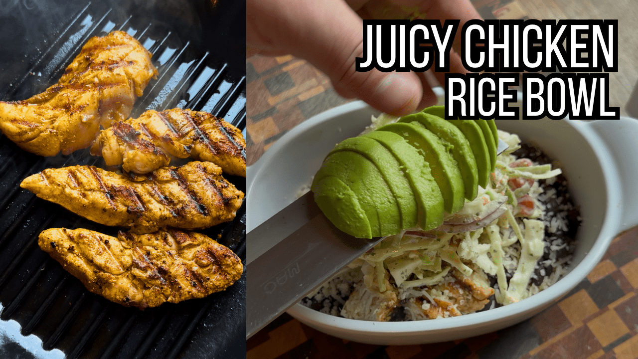 Chicken tenders grilling on a cast iron grill pan alongside sliced avocado for a spicy Cajun chicken rice bowl made with Lucky Cajun Jalapeño seasoning