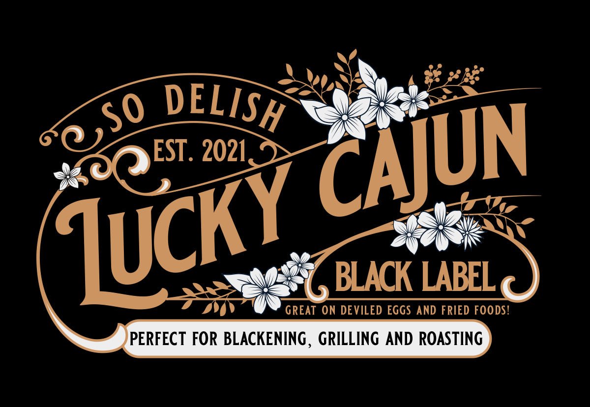 Lucky Cajun Black Label fresh ground small batch Cajun seasoning logo representing the Born-On Date guarantee sugar free filler free weekly ground spice blend handcrafted in Chattanooga Tennessee