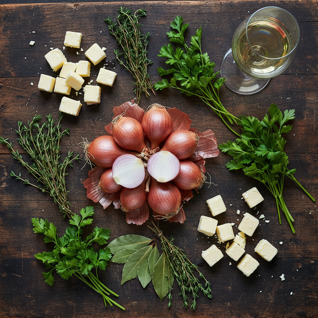 Dark wooden cutting board with fresh herbs whole shallots butter and white wine ingredients for classic beurre blanc French pan sauce made with Lucky Cajun Black Label