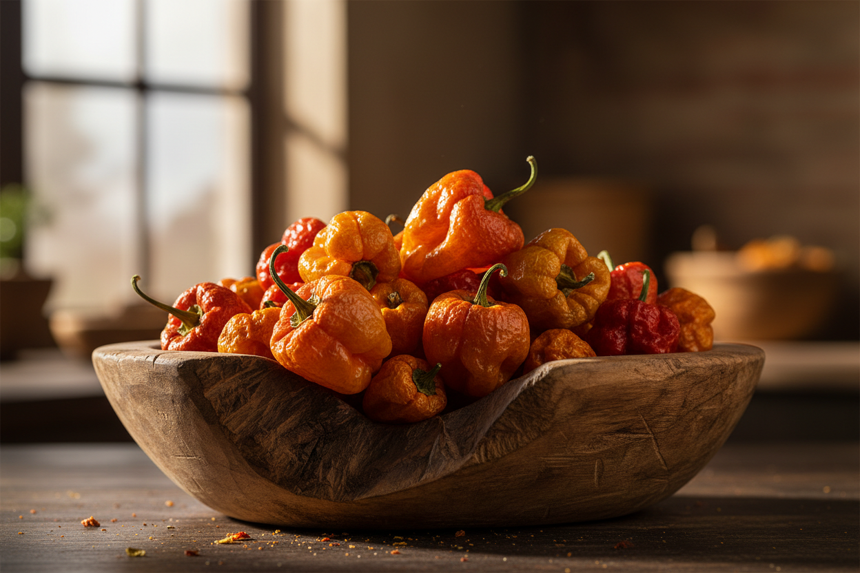 Fresh whole habanero peppers in a wooden bowl on a kitchen counter with a window in the background — the fresh-ground heat behind Lucky Cajun Voodoo seasoning.
