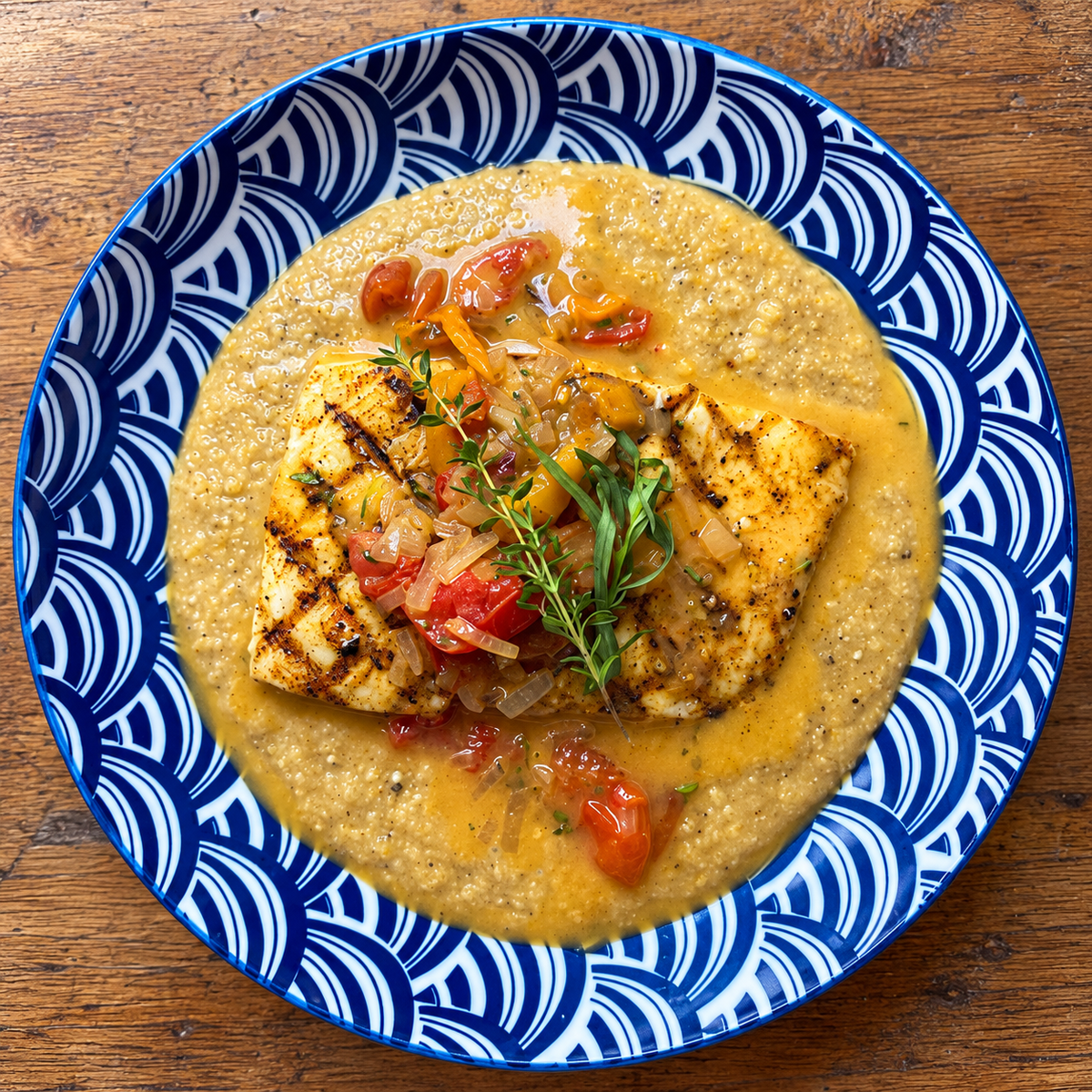 A top-down view of a plated meal featuring grilled fish on a creamy gits, topped with diced red tomatoes and a green herb sprig, served on a blue and white patterned ceramic plate over a wooden table.