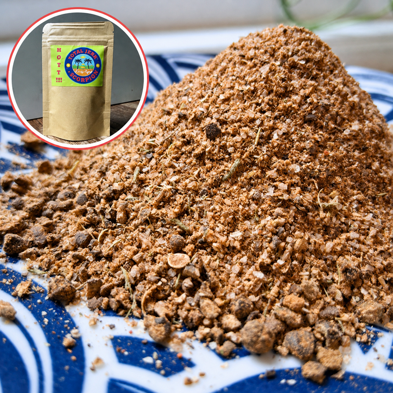 Fresh-ground scorpion Jamaican jerk seasoning close up showing whole spice texture