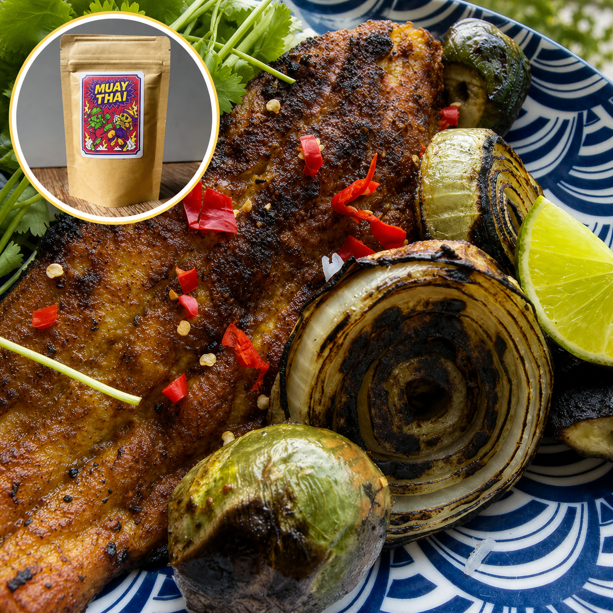 Grilled fish withe Muaythai seasoning grilled onion, thai eggplant lime herbs chili