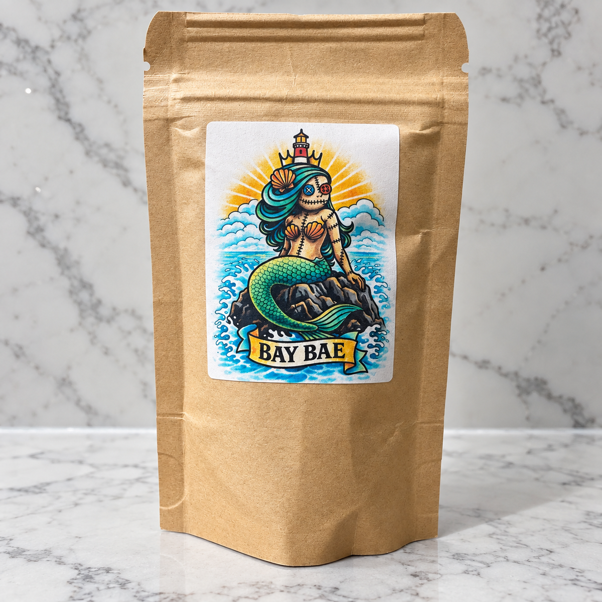 A kraft paper stand-up pouch with a colorful mermaid illustration label reading 'BAY BAE,' photographed on a white marble surface against a marble wall.