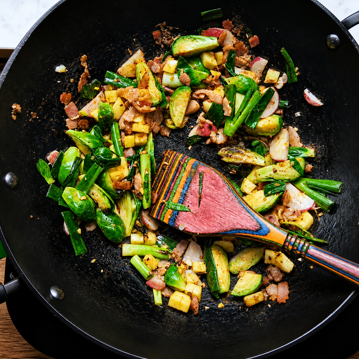 Overhead close-up of a black wok containing stir-fried vegetables and meat, with a wooden spatula resting in the pan.