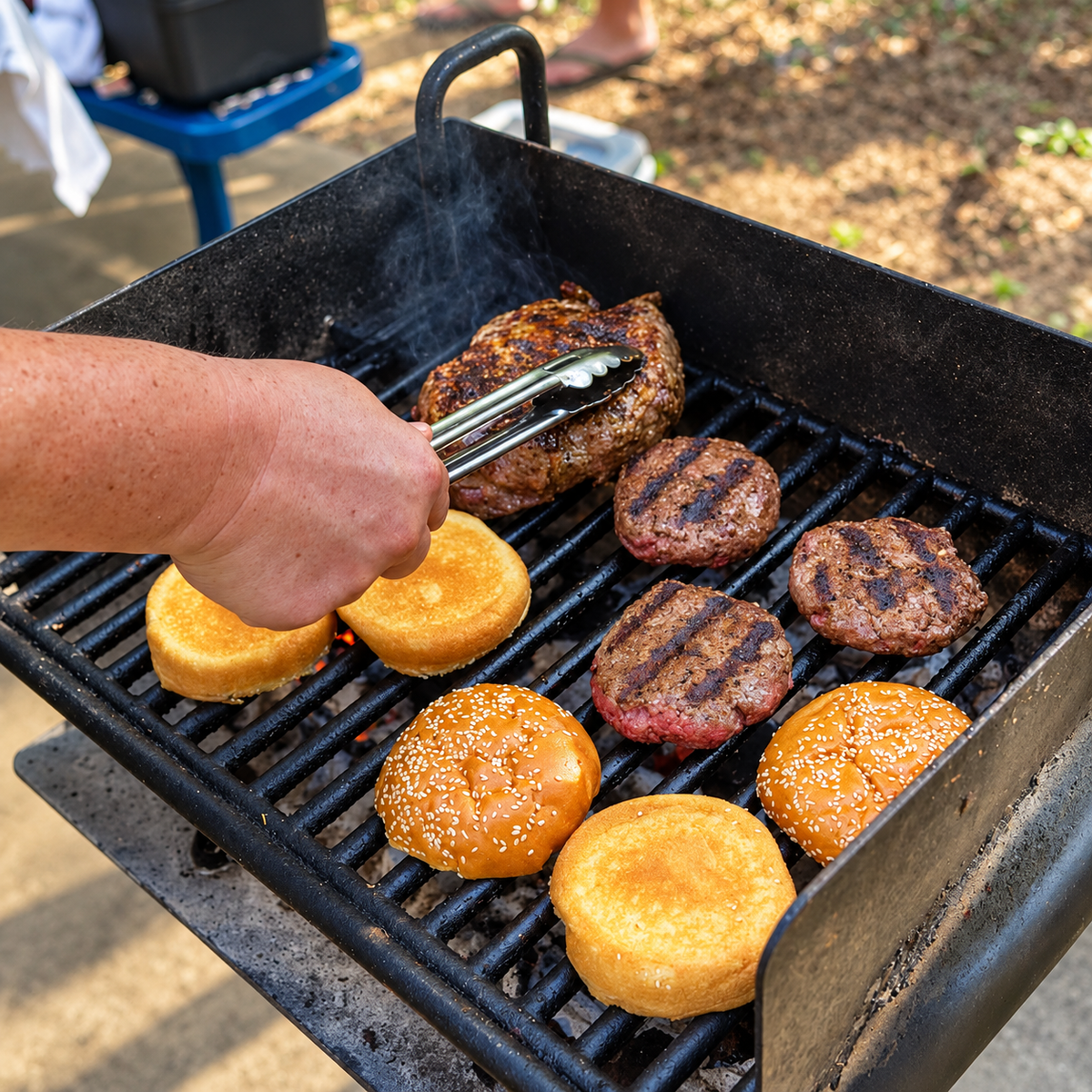 A close-up outdoor shot of a black charcoal grill with burger patties and buns cooking. A person's hand is visible using metal tongs to flip a patty, with a sandy ground background.