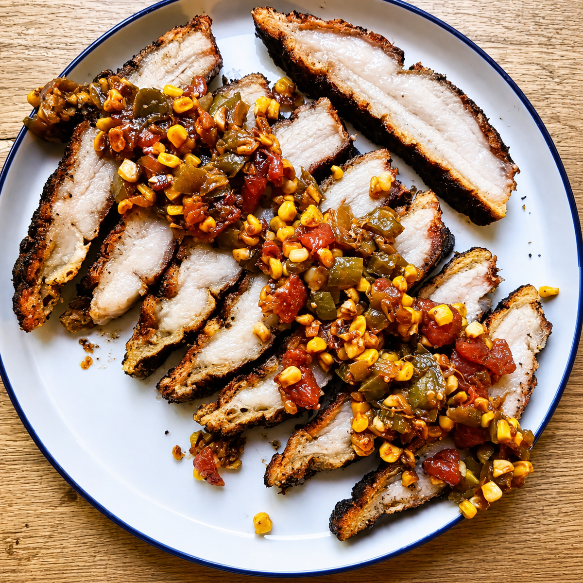 Sliced grilled pork belly with a charred crust, topped with a colorful salsa and corn kernel sauce, served on a white plate with a blue rim on a wooden table.