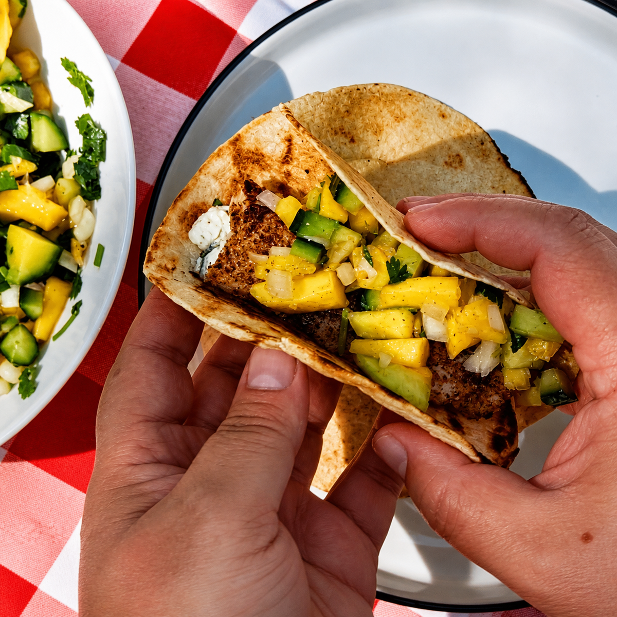 A close-up of a hand holding a  taco filled with grilled fish, diced mango, cucumber, and onions, with another plate of salsa visible in the background on a red-and-white checkered tablecloth.