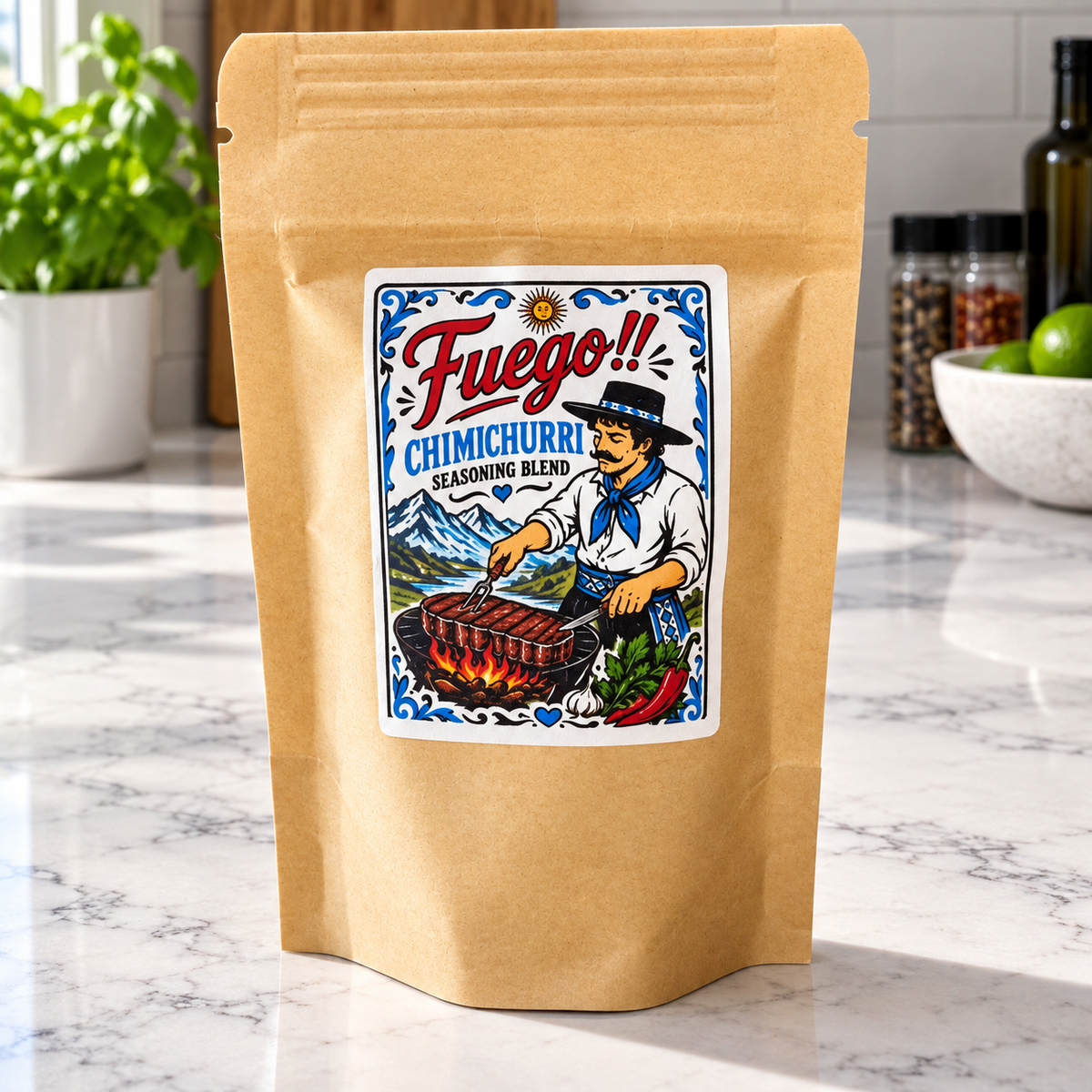 A kraft paper seasoning blend pouch labeled 'Fuego!! Chimichurri Seasoning Blend' stands on a marble countertop in a kitchen setting, with herbs, spices, and limes visible in the background.