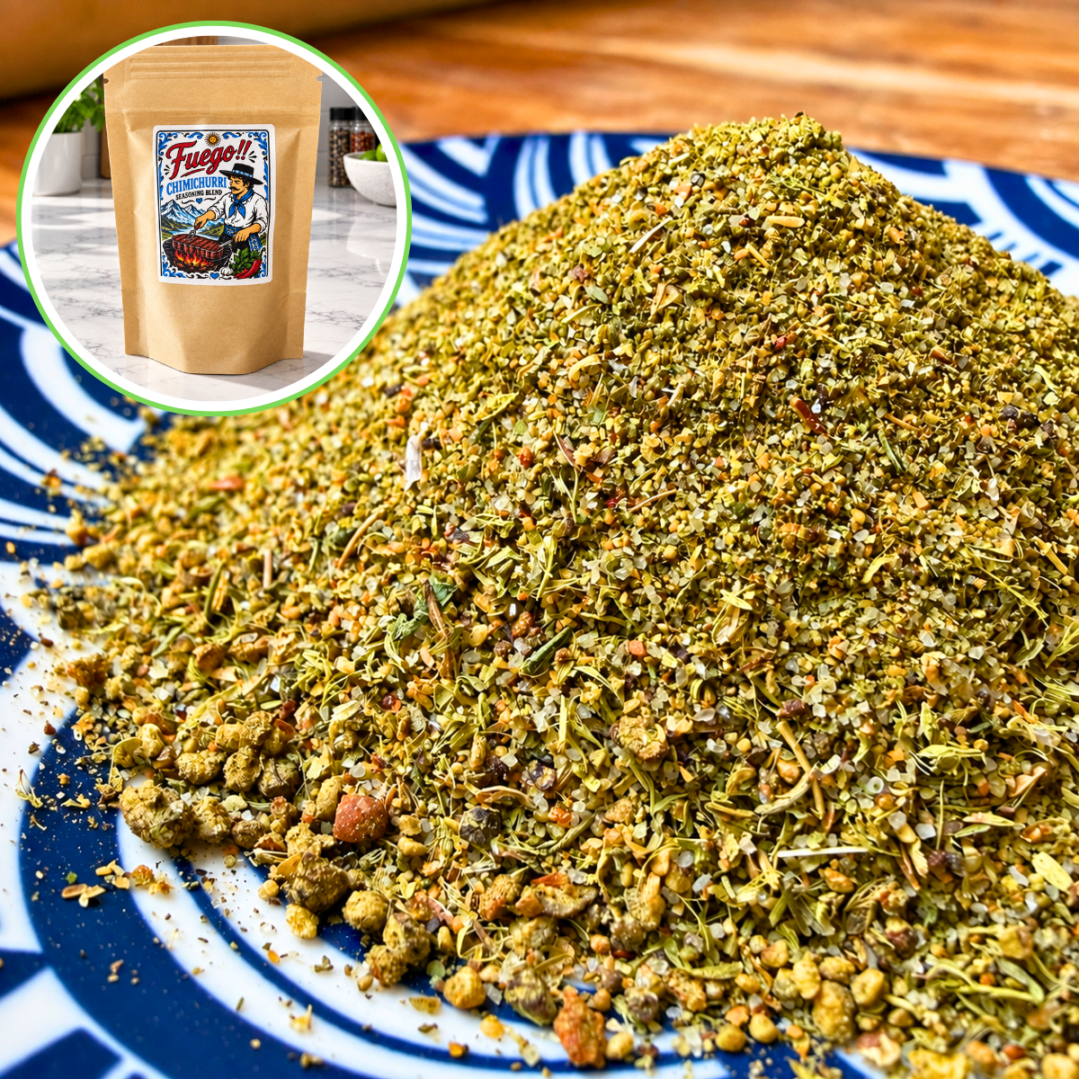 A close-up of a pile of coarse herbal Spice blend on a blue and white patterned plate, with a circular inset showing the kraft paper pouch packaging labeled Fuego