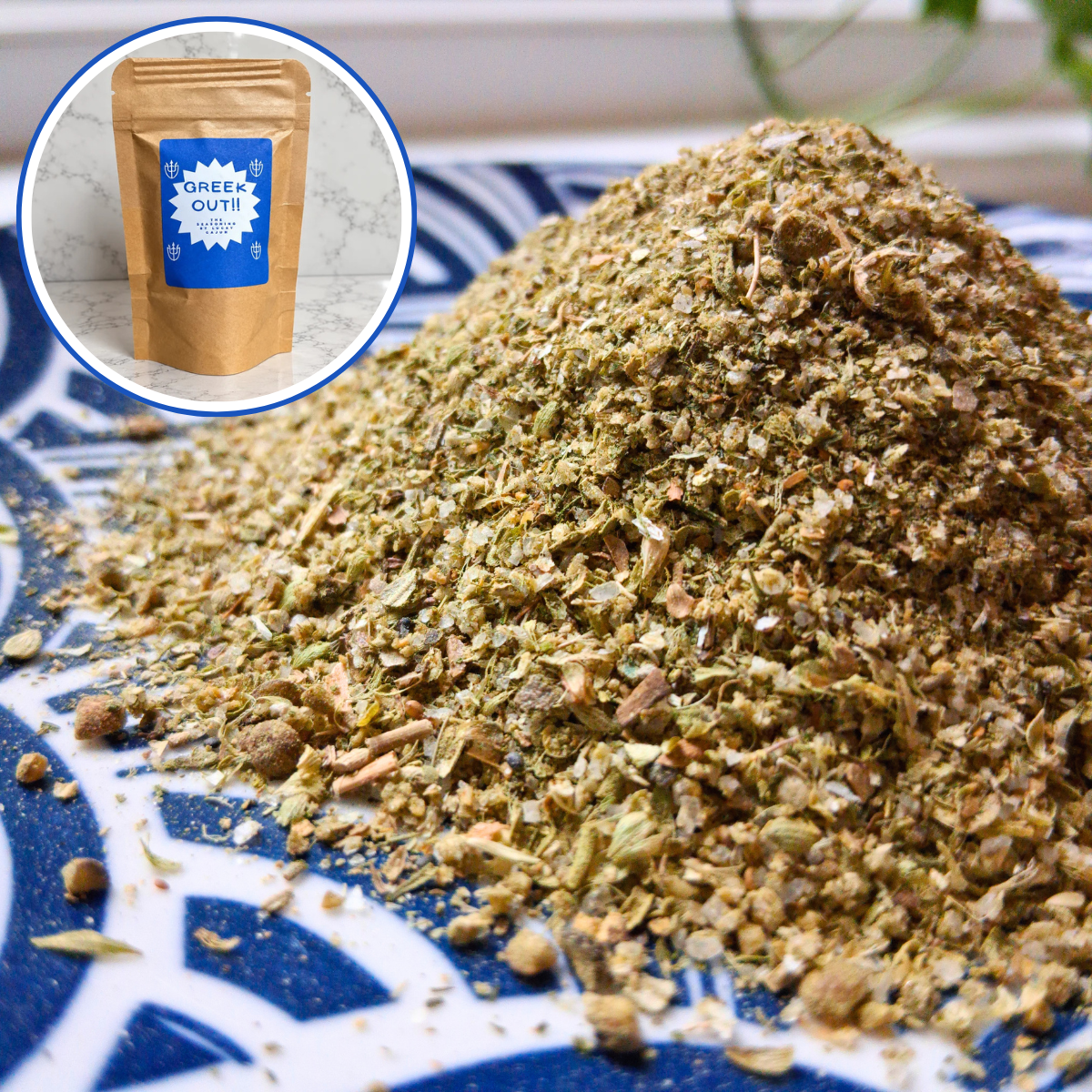 A pile of dried green herbal powder, identified as Shree Gurti Aastha Chikitsa, shown on a blue and white patterned plate with a circular inset showing the brown paper pouch packaging.