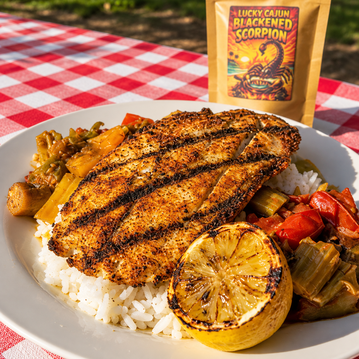 A plated meal outdoors on a red-and-white checkered tablecloth, featuring a grilled fish fillet over white rice with stewed tomato okra  and a grilled lemon half. A pouch labeled 'Lucky Cajun Blackened Scorpion' stands behind the plate.