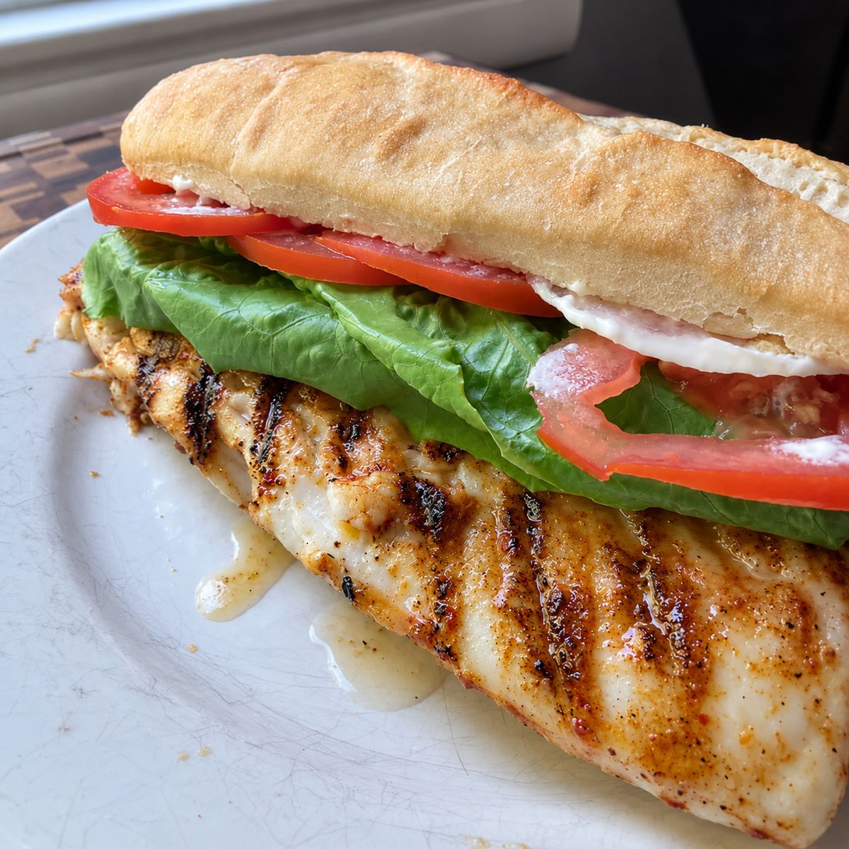 A close-up of a grilled fish sandwich on a white plate, filled with fresh green lettuce, sliced red tomatoes, and a white sauce on a baguette.