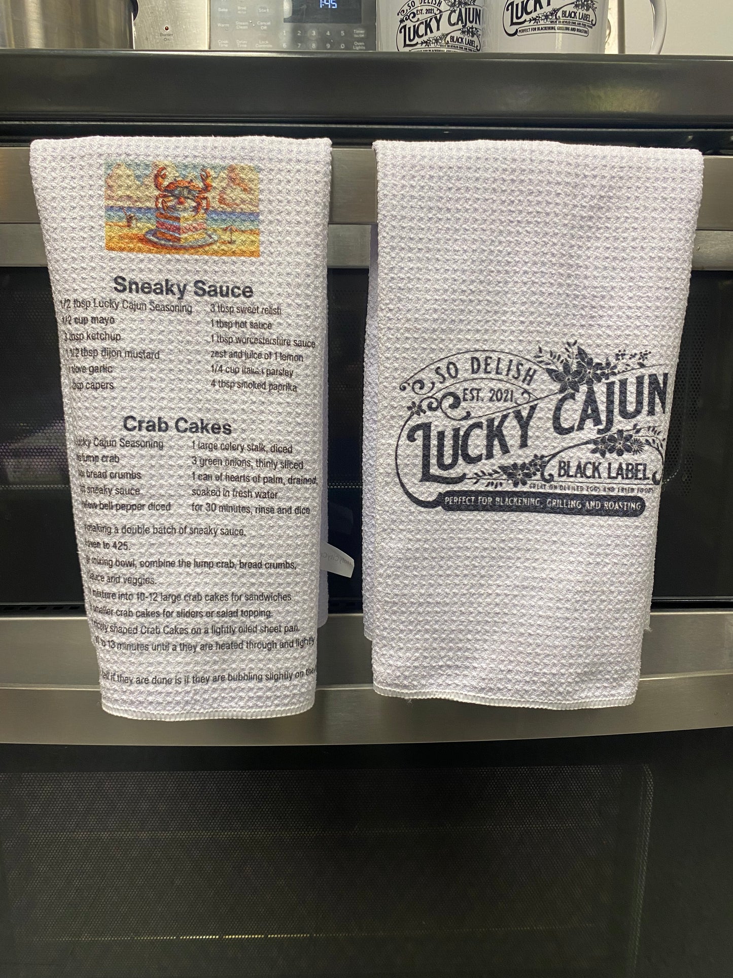 Towel Set Crab Cake Recipe and Black Label Logo