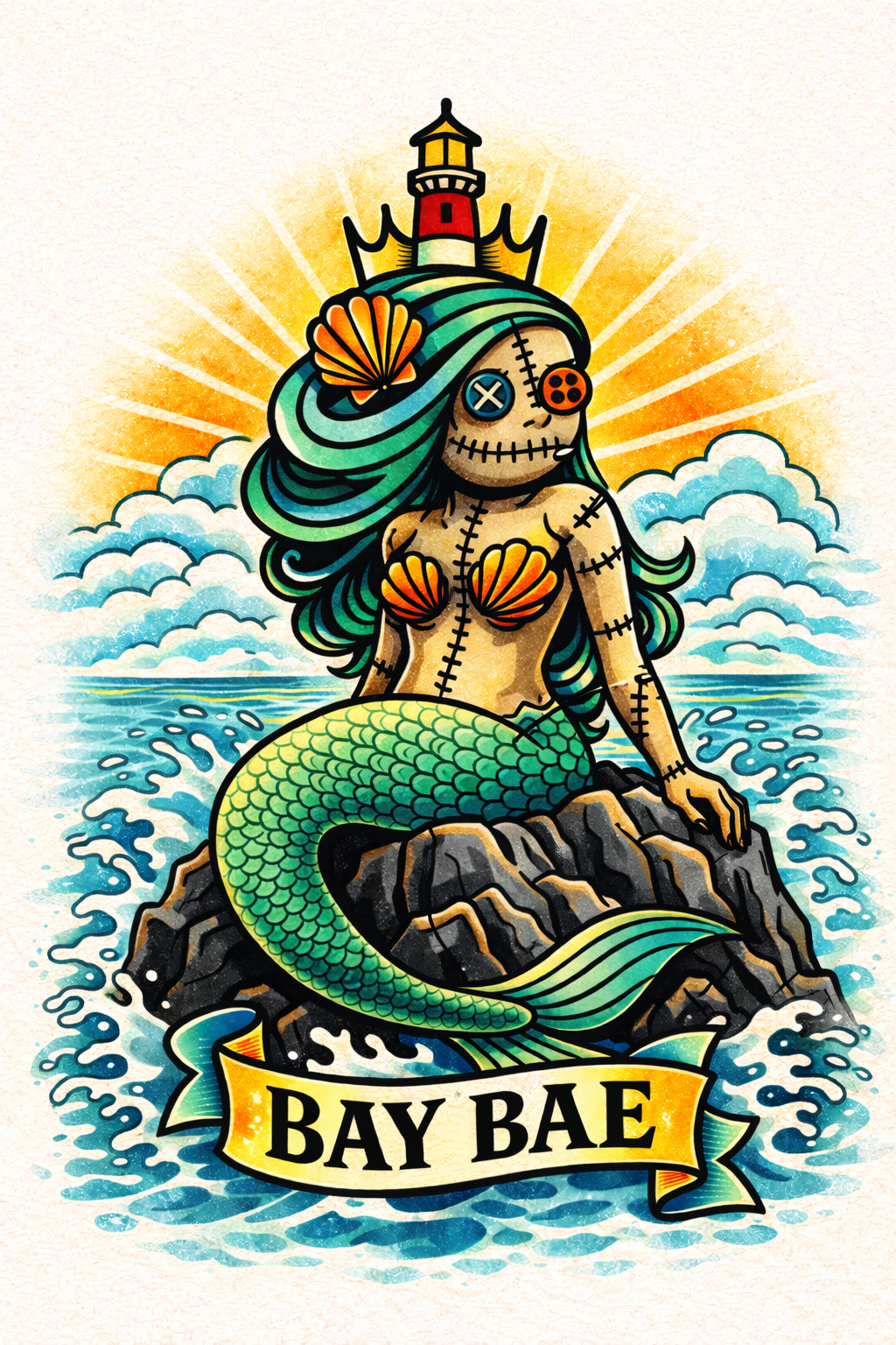Lucky Cajun Bay Bae logo featuring a voodoo doll mermaid sitting on a rock in the bay wearing a lighthouse crown — a fresh-ground bay seasoning built for seafood and beyond.
