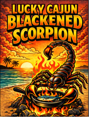 Lucky Cajun Blackened Scorpion logo featuring a black scorpion on a beach with a fire and a fish cooking in a cast iron skillet — a tropical blackening seasoning built on scorpion pepper and 17 fresh-ground spices.