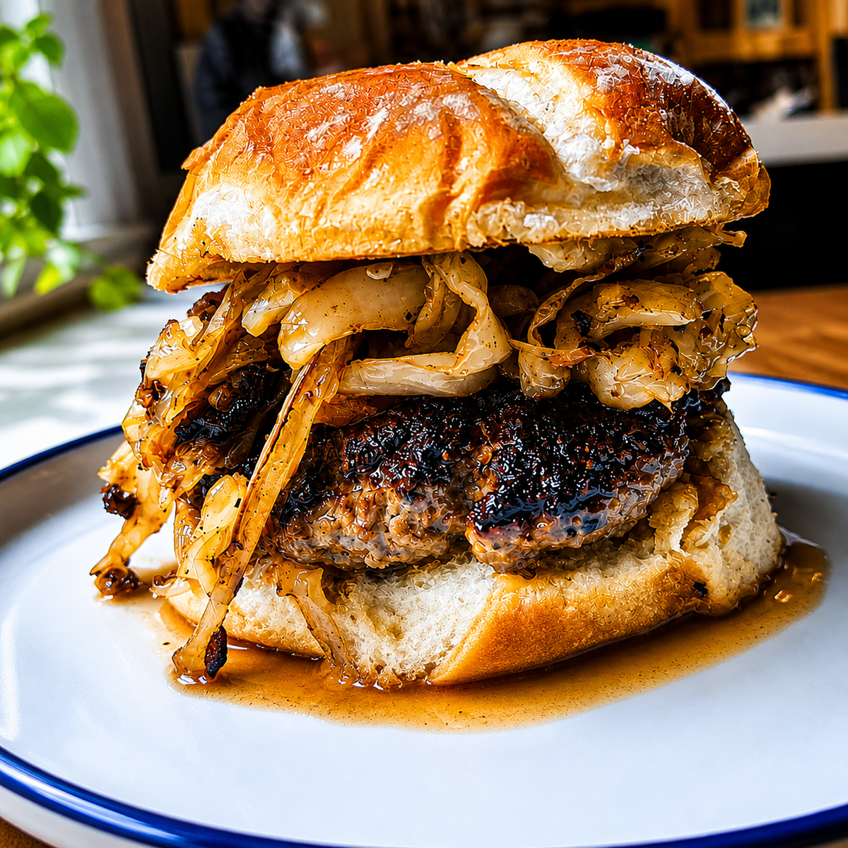A close-up shot of a gourmet burger on a white plate with a blue rim. The burger features a thick, charred beef patty layered with caramelized onions and melted cheese inside a golden-brown, dusted with flour bun.