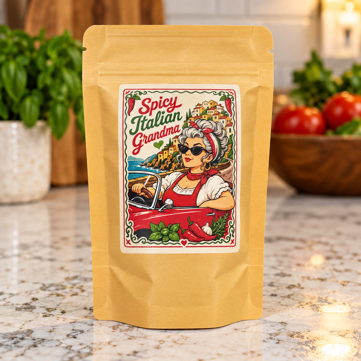 A stand-up kraft paper pouch labeled 'Spicy Italian Grandma' stands on a kitchen countertop with blurred basil, tomatoes, and a bowl in the background.