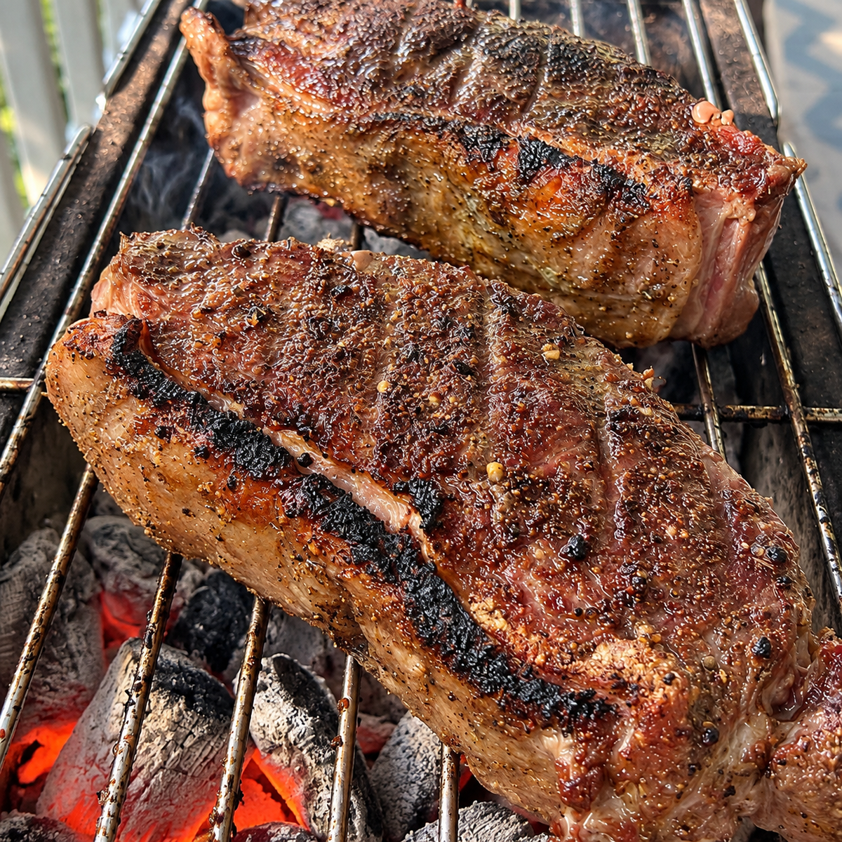 Two grilled steak cuts with charred grill marks cooking on metal grates over glowing coals outdoors.