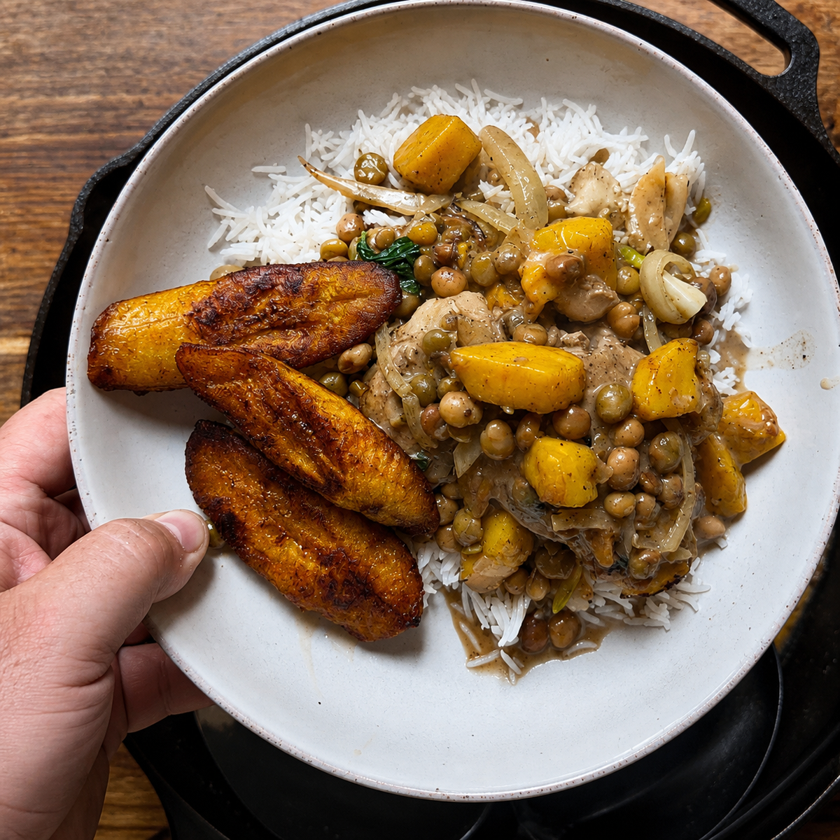 Marry Me Jerk Chicken with mango, mint, onion, pigeon peas, plantain and steamed ricein Bowl in hand over wooden Table
