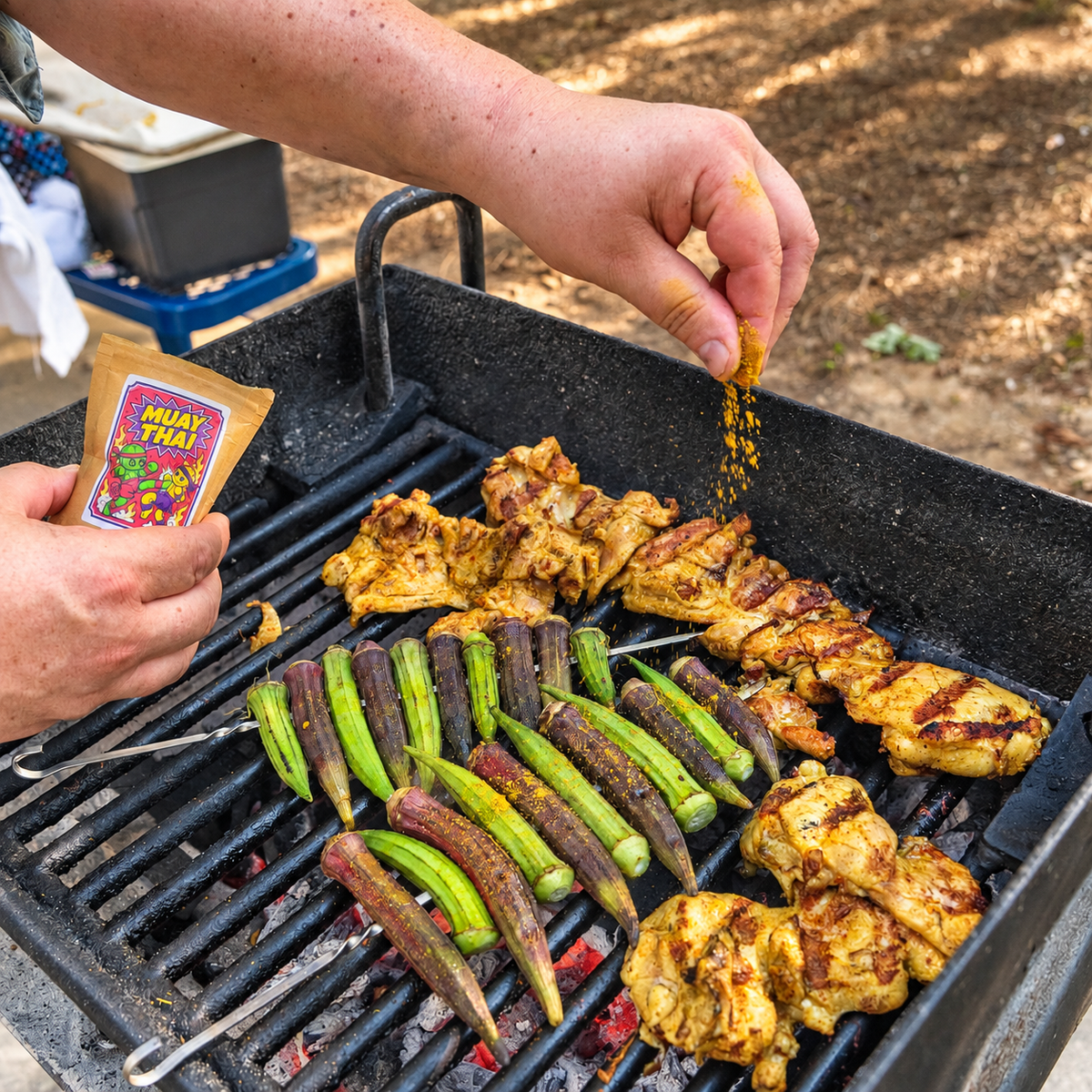 Grilled chicken and vegetable skewers cooking on a black outdoor grill, with a person sprinkling seasoning and holding a packet of Muay Thai seasoning.