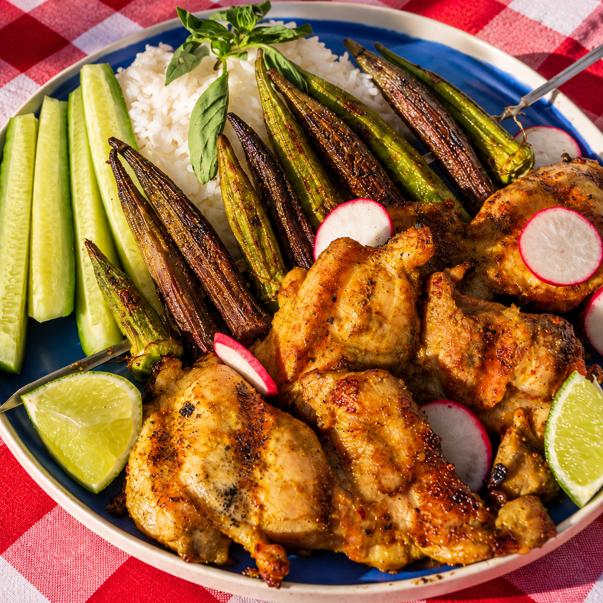 A close-up of a plated meal featuring grilled chicken pieces, roasted okra pods, white rice, cucumber sticks, radish slices, lime wedges, and a basil garnish on a blue plate over a red-and-white checkered tablecloth.