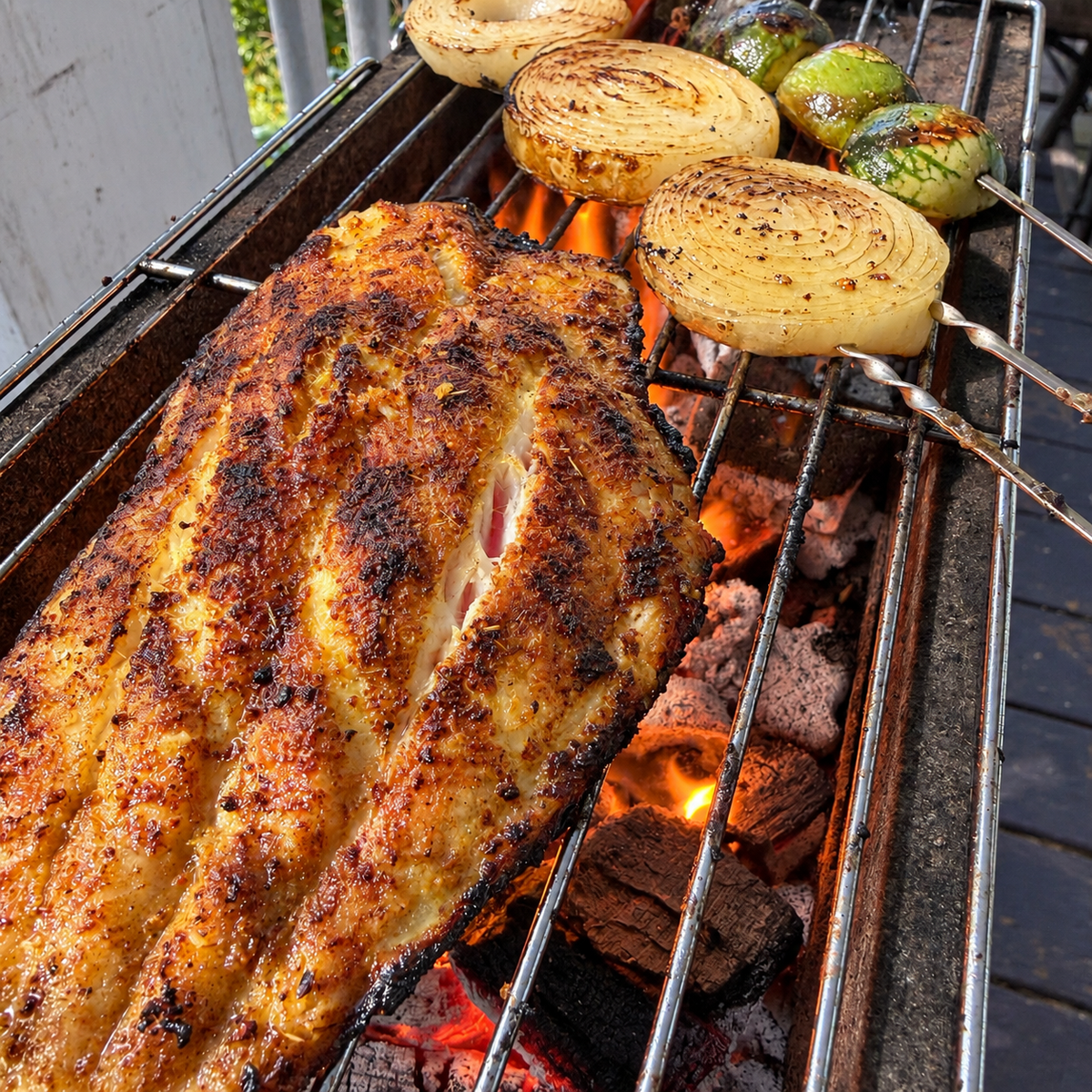 Grilled fish fillet cooking over bright charcoal on a metal grill, with sliced onions and green vegetables cooking alongside on skewers.
