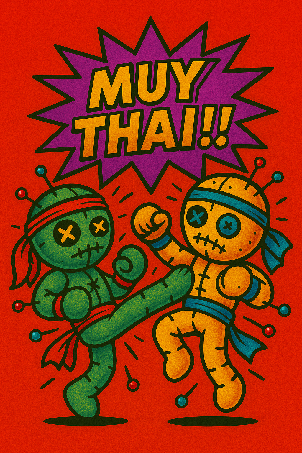 Lucky Cajun Muy Thai logo featuring two voodoo dolls kickboxing — a nod to Muay Thai martial arts and bold Thai-inspired seasoning.