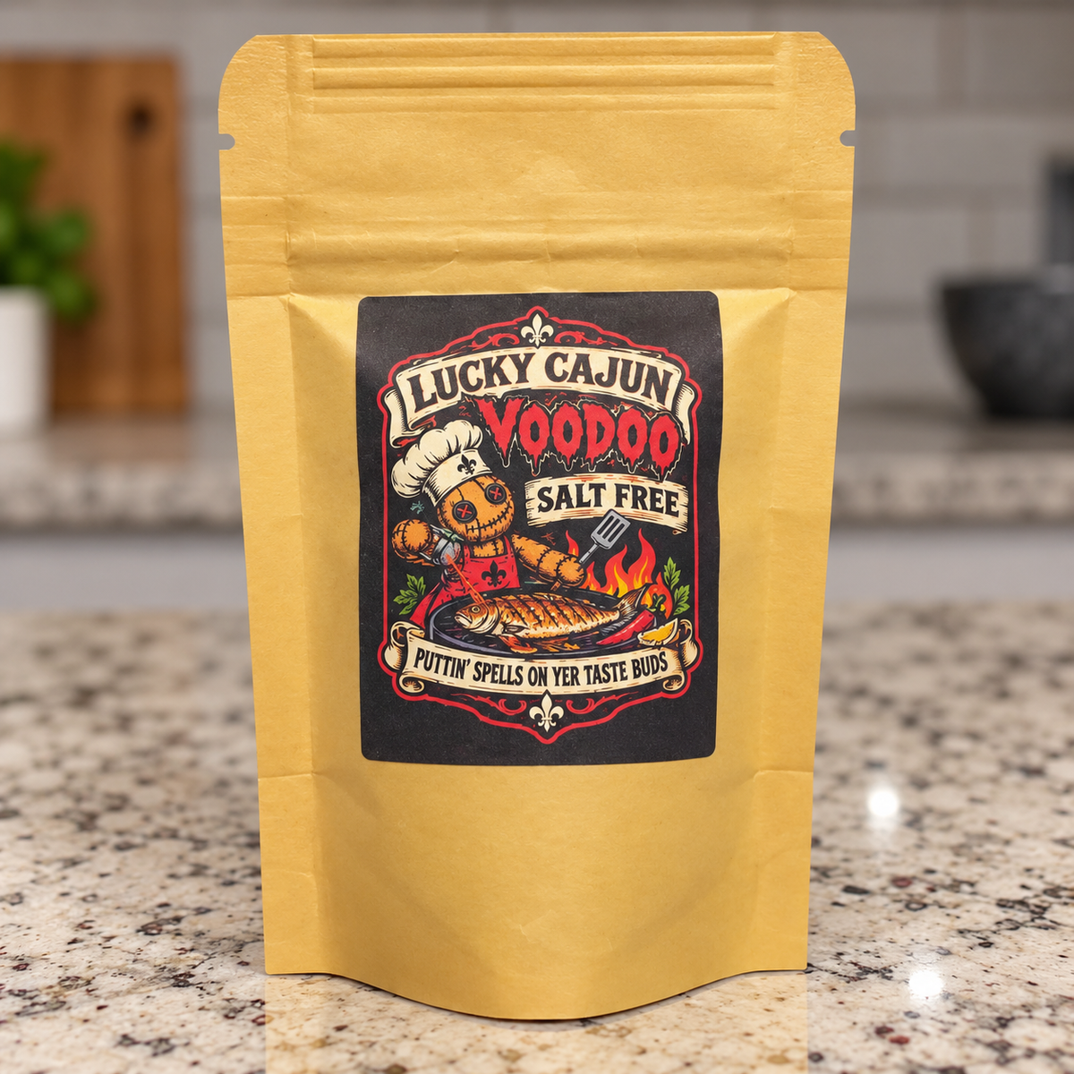 A yellow resealable stand-up pouch of Lucky Cajun Voodoo Salt Free seasoning stands on a speckled granite countertop in a kitchen setting. The front of the pouch features a large black label with a colorful cartoon illustration of a skull chef and the text 'Lucky Cajun Voodoo Salt Free' and 'Puttin' Spells on Yer Taste Buds.