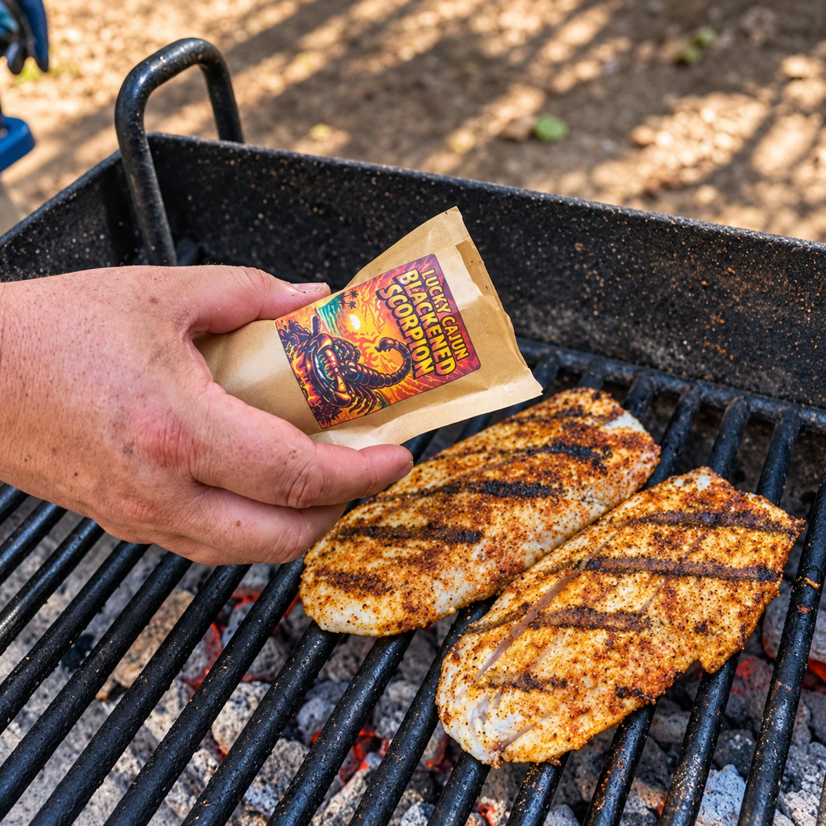 A hand holds a small kraft paper pouch labeled 'Blackened Scorpion' above two grilled fish fillets on a black charcoal grill outdoors.