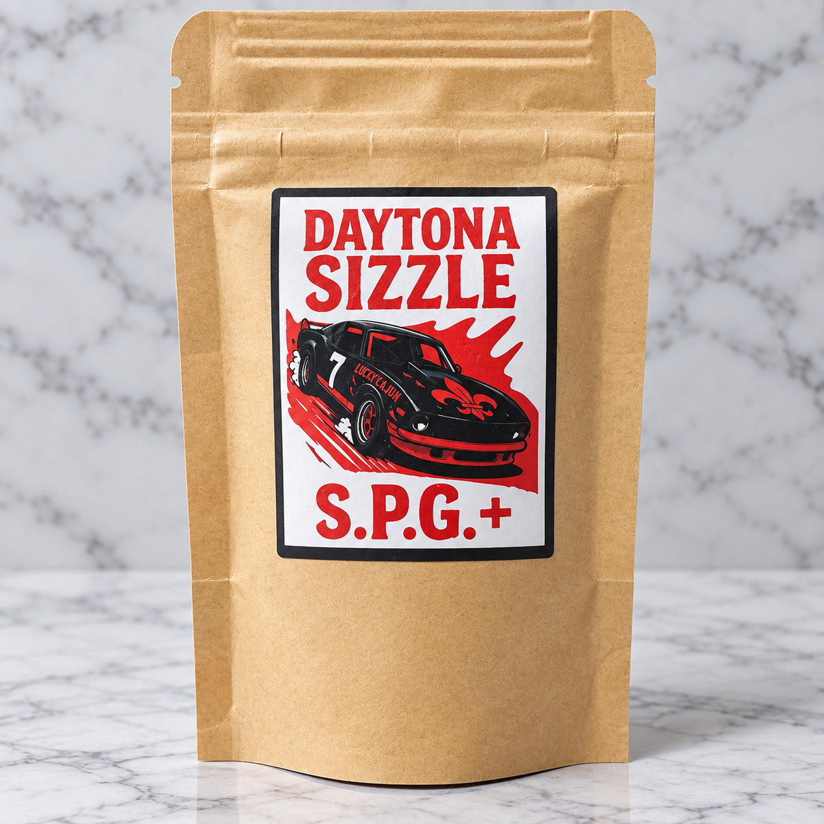 A brown kraft paper stand-up pouch with a large front label reading 'DAYTONA SIZZLE S.P.