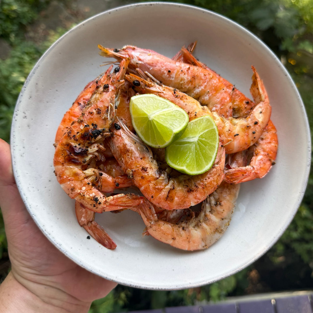Grilled shrimp on a speckled white ceramic plate held by a hand, garnished with two lime wedges, with an outdoor garden background.