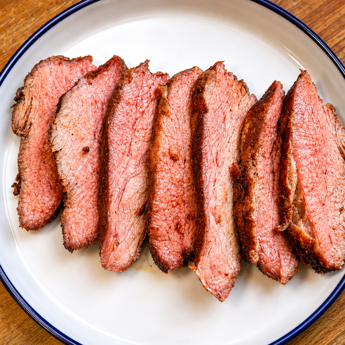 Slices of cooked Tri Tip arranged on a white plate with a thin blue rim, photographed from above on a wooden surface.