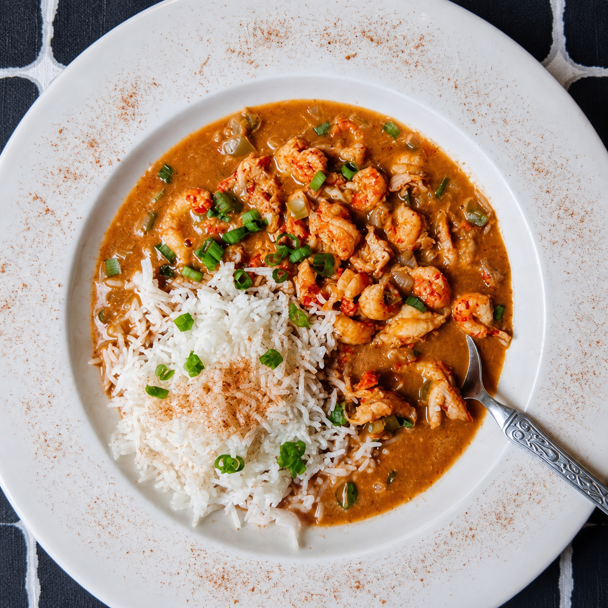 A bowl of crawfish étouffée over rice, seasoned with Voodoo Enhanced Cajun Blend for habanero heat and authentic depth.