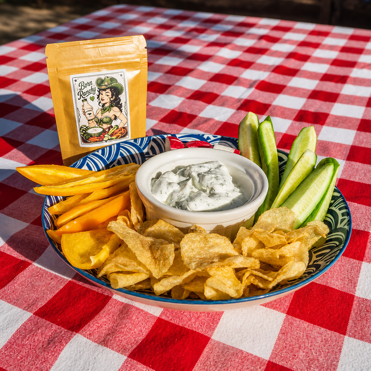 Ranch dip with vegetables and chips made eith born ranchy