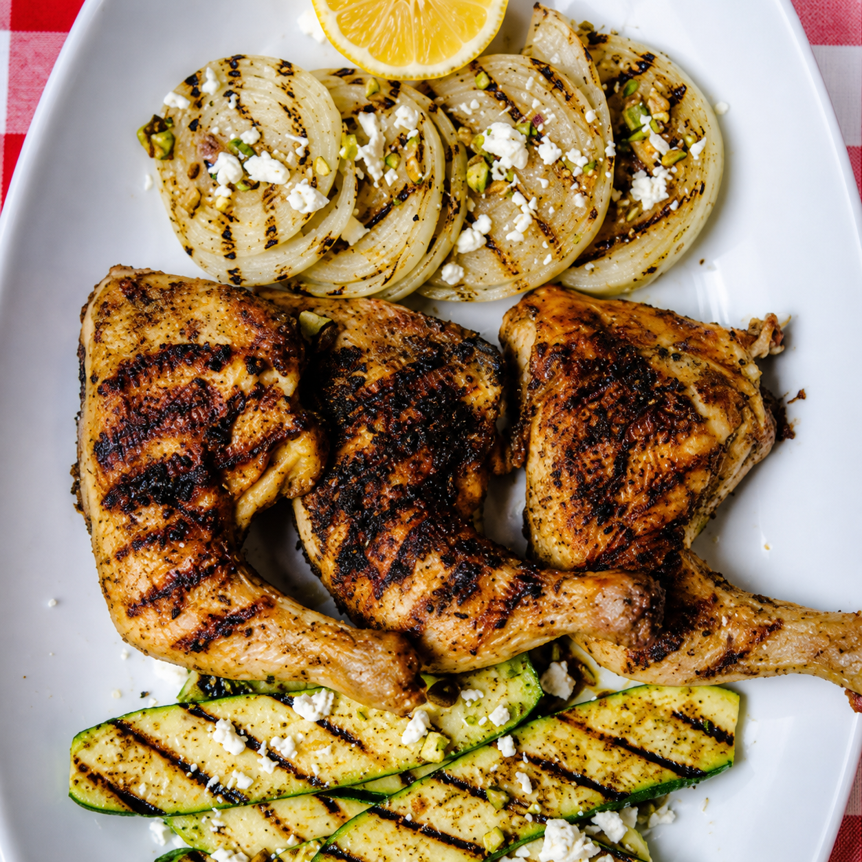 Greek Out!! seasoned grilled chicken leg quarters with grilled onions, squash, feta cheese, and pistachios.