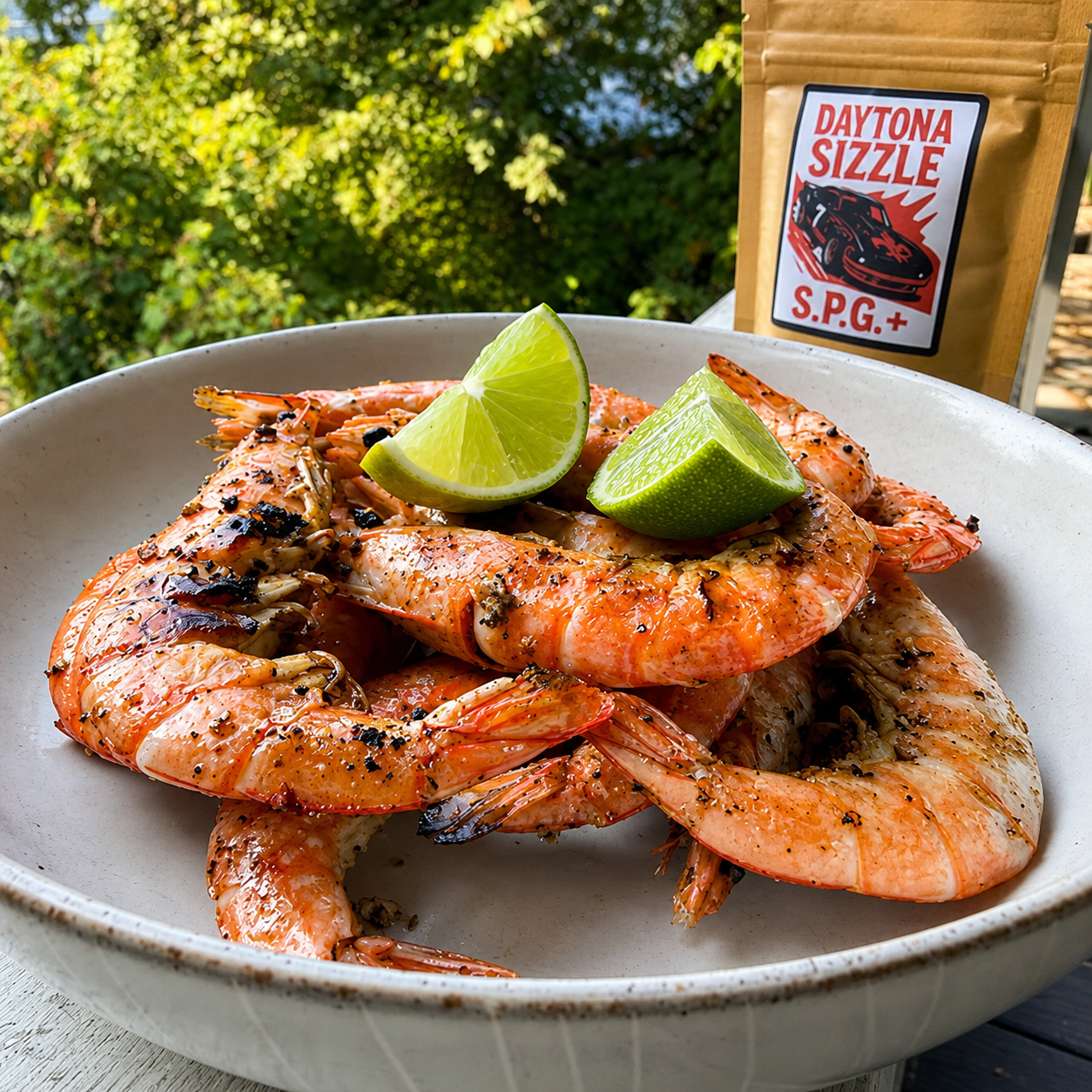 Grilled shrimp on a white bowl with lime wedges, with a bag of Daytona Sizzle S.P.G+ seasoning in the background.