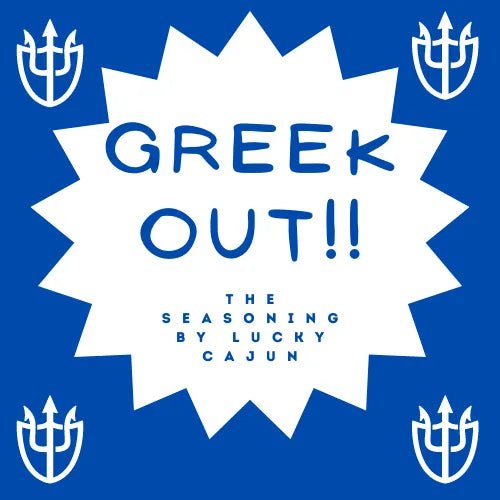The white and blue trident logo for Lucky Cajun Greek Out seasoning. A custom brand mark for fresh-ground Mediterranean flavor.

Why this "Google Magic" works: