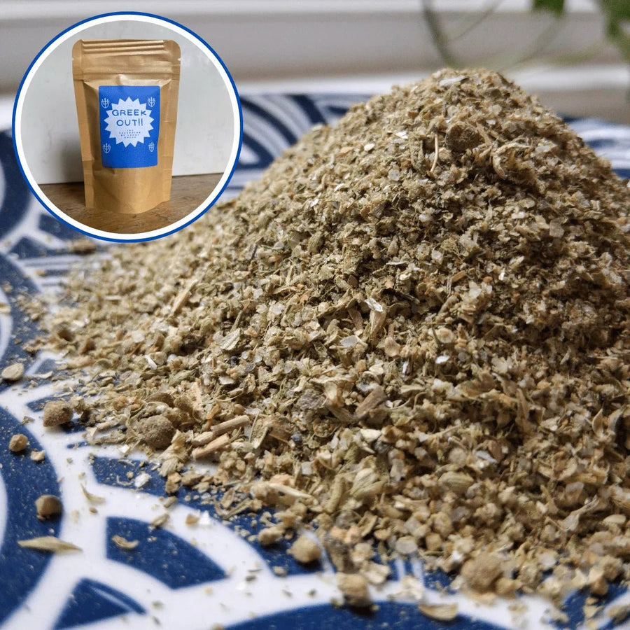 Greek Out!! fresh-ground seasoning with herby dill, oregano, and sea salt. Sugar-free and perfect for Mediterranean grilling.