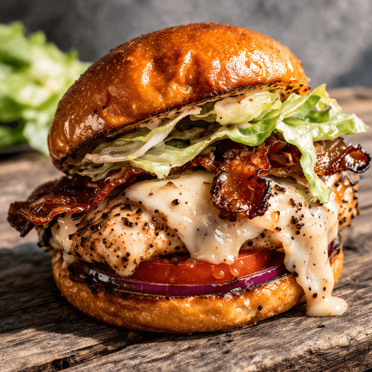 Grilled chicken sandwich with cheese, bacon, lettuce, tomato, and onion on a brioche bun seasoned with Lucky Cajun.