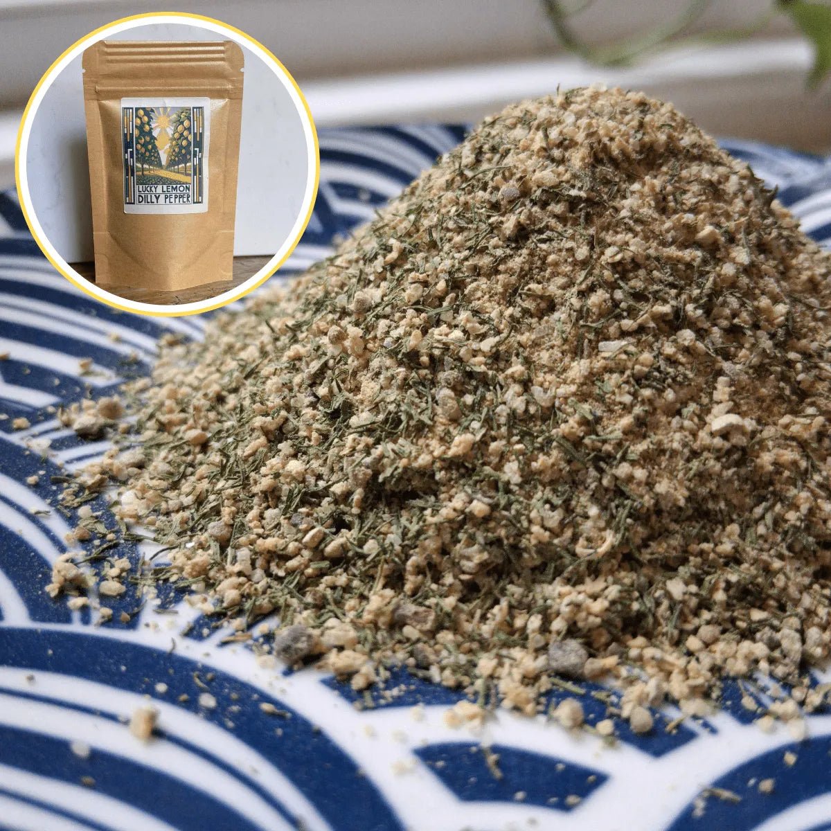 A coarse-ground pile of Lucky Lemon Dilly Pepper seasoning, showing real lemon peel and vibrant green dill—a handcrafted, sugar-free "Human Artifact."