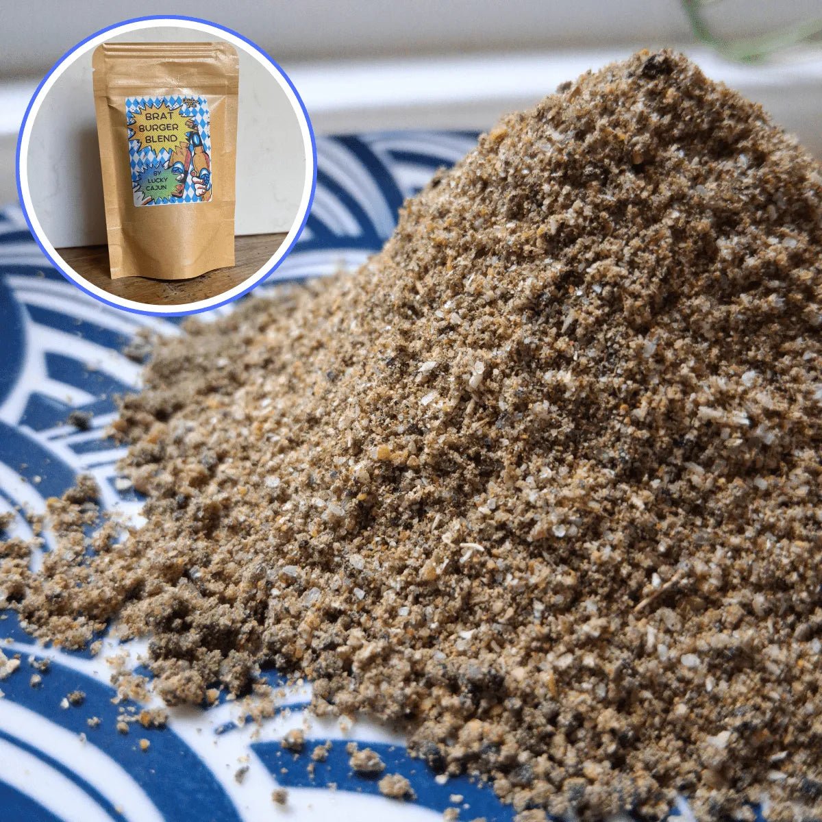 A close-up pile of Brat Burger Blend seasoning showing the coarse-ground caraway, mustard seed, and marjoram—a handcrafted, nitrite-free German flavor profile.